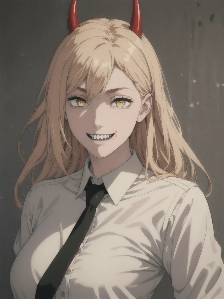 (best quality), (masterpiece), (solo), 1girl, power_csm, blonde hair, yellow eyes, cross-shaped pupils, symbol-shaped pupils, red horns, white buttoned shirt, black necktie, sharp teeth, grin,