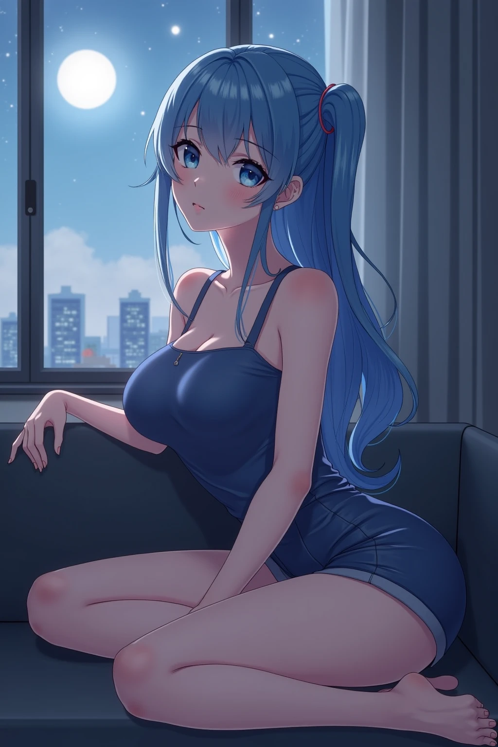 bbest quality, (masterpiece),(ultra-detailed), (high quality), (high resolution), (2heads:1.5) Gal, azure blue hair, large breasts, thighs, shorts, cleavage, blue mini shorts, (close shot,best quality:1.5, highres, UHD, 4K), city street background, smiling, blue tank top ((white t shirt)), black eyes, ((night city background)), blue boots, ((full body)), strong
