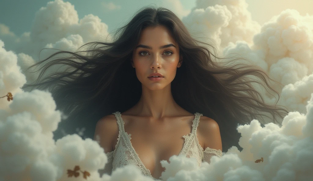 Long-haired Latin woman with brown lace amidst beautiful dreamy cotton clouds, In the background Clock Hands