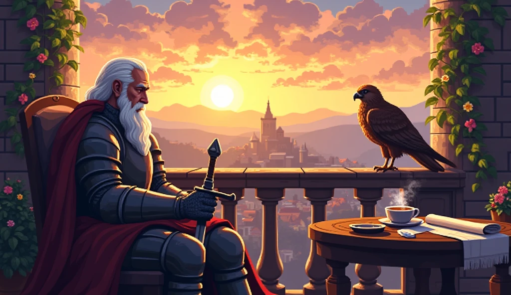 Please create A highly detailed pixel art illustration of an elderly medieval knight with a white beard, seated comfortably by a castle balcony railing at sunset. His armor is partially removed, revealing a casual tunic underneath as he gently polishes his sword with a soft cloth. Opposite him, a calm falcon perches on the edge of the balcony, wings folded, gazing towards the distant horizon. The balcony overlooks a medieval village bathed in golden and amber sunset tones beneath a cloudy sky, conveying a sense of calm nostalgia and peaceful reflection. Warm, gentle sunset light illuminates the knight and the falcon, while a wooden table with a steaming cup of tea, scattered parchments, and flowering vines draped over the balcony rails add to the cozy, contemplative atmosphere. Use intricate shading, reminiscent of a classic retro RPG aesthetic, emphasizing warm, inviting light in a pixel art style, proporção de tela ampla
