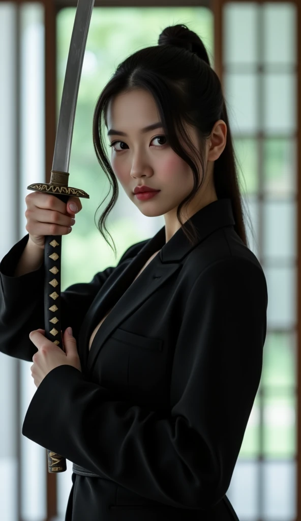 (from below:1.2),(from side:0.9), ((Face)), (Close-Up:0.4), ((looking at viewer, holding a bouquet)), highest quality、(real、photorealistic:1.4)、(RAW photo:1.2),highest quality,(masterpiece),(((Whole body image))),(a 18yo girl), (Highly detailed face),Slightly round face, (Tan brown face:1.0), Boyish beauties, beautiful face, Beautiful lips,Baby Face,(Black gal:1.0),(Big eyes),((black,hair,long pony tail hair)),thin pubic hair,cute,lovely,(strong silver hair:1.2),(blunt bangs),(Brown skin:1.0),(Military uniform, bulletproof jacket),nice companion,delicate body、thin legs,beautiful black dress,black gloves, black thighhighs, white panties,(double breasted,under bust:1.2),(Knife in one hand:1.3),in the forest,In the jungle,Woman in survival mode,Sexy thighs,Heat,Sweat heavily,Tropical forests,During a break,sit cross-legged on the ground,The way the light shines is beautiful, Beautiful buttocks,(with sparkling eyes and a contagious smile),little open mouth,