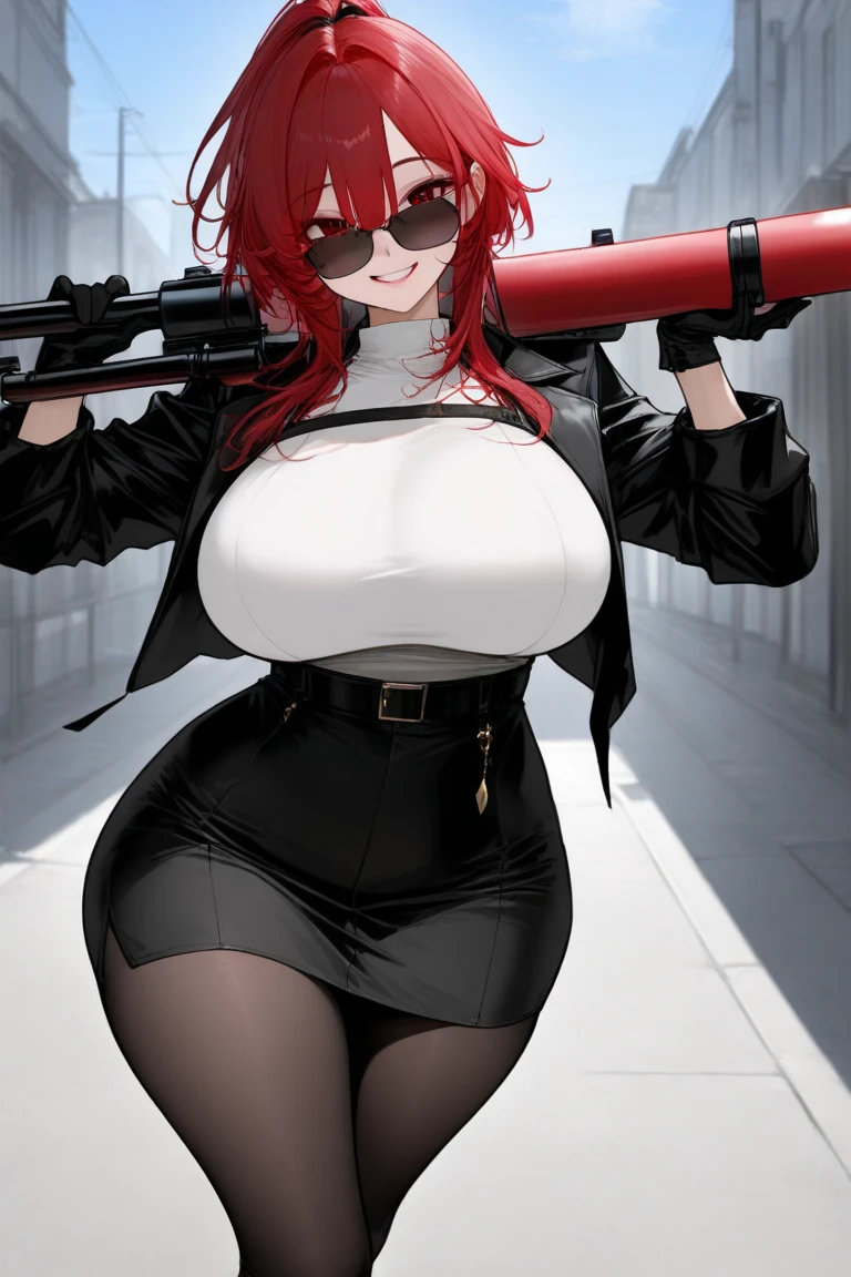 Young girl, Pullover, yellow high cut leotard, whole body to see, open mouth, smile , scream, straight hair , (( very wide hips)), (((colossal Thighs, gigantic thighs, very huge thighs, very big thighs))), fullbody, platform heels, tanned , brown skin, small breast, gun, cyberpunk, soldier girl , Red hair, leg garter, standing, front pose, bangs cover eyes,