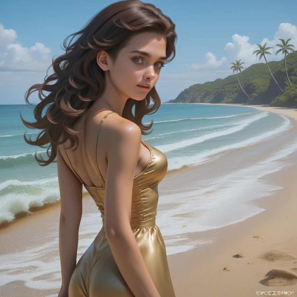 sensual,bronzeada,pele clara,big bust,thin waist,Big butt-length wavy brown hair,sunny natural environment,luz suave,quiet expression,relaxed pose, paradisiacal scenery ,tropical beach,golden sand,blue sky,sea waves,coqueiros,4k,photorealistic,oil painting,highly detailed,cores vivas,bokeh