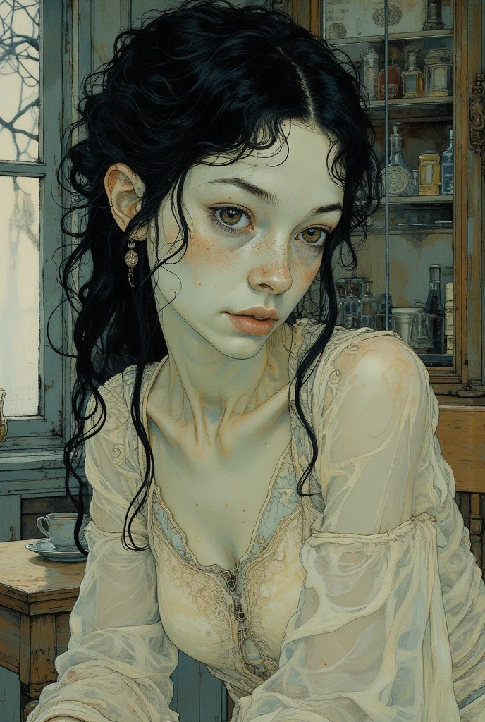 Créez un portrait de Carmilla par Sheridan Le Fanu, femme adolescente, longs cheveux frisés noirs, gothique. Elle porte une chemise de nuit transparente légère blanche laissant apercevoir ses mamelons.  Son expression est énigmatique , a blend of seduction, , and predatory hunger, as if she is both inviting and warning against her dark embrace. Small breast and deep cleveage. mamelons visibles. 19 ans. Expression sensuelle et timide. Nudité douce