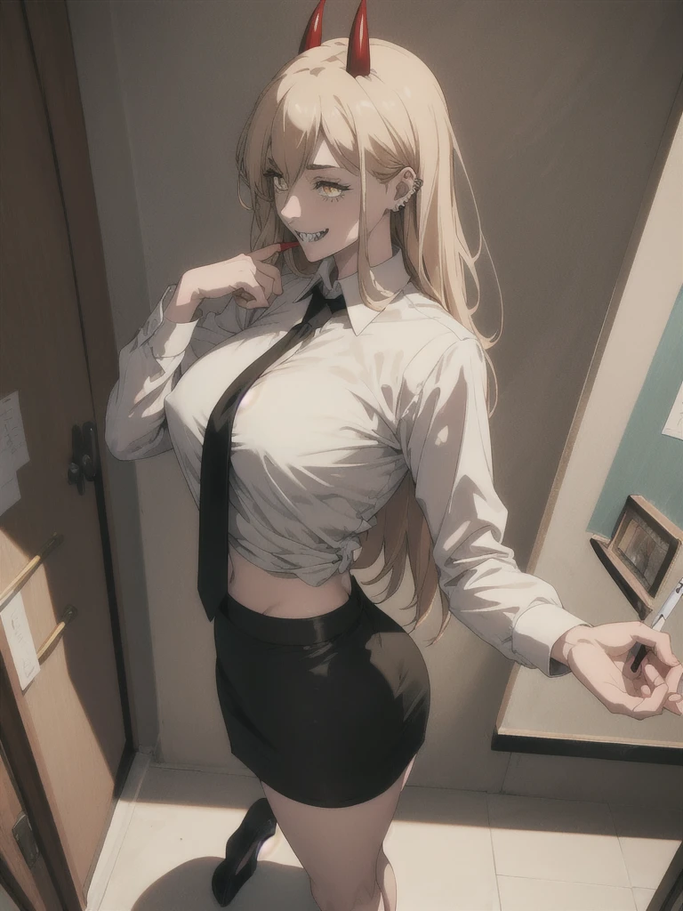 muste piece, best quality, 1 girl,blonde, (black eye:1.2),((Office Lady)、((stockings))、((embarrassed expression))、((Mi Hai Sand))、((Photo from below))、(((blouse)))、((long hair))、((C cup breastpread legs))、(ponytail)