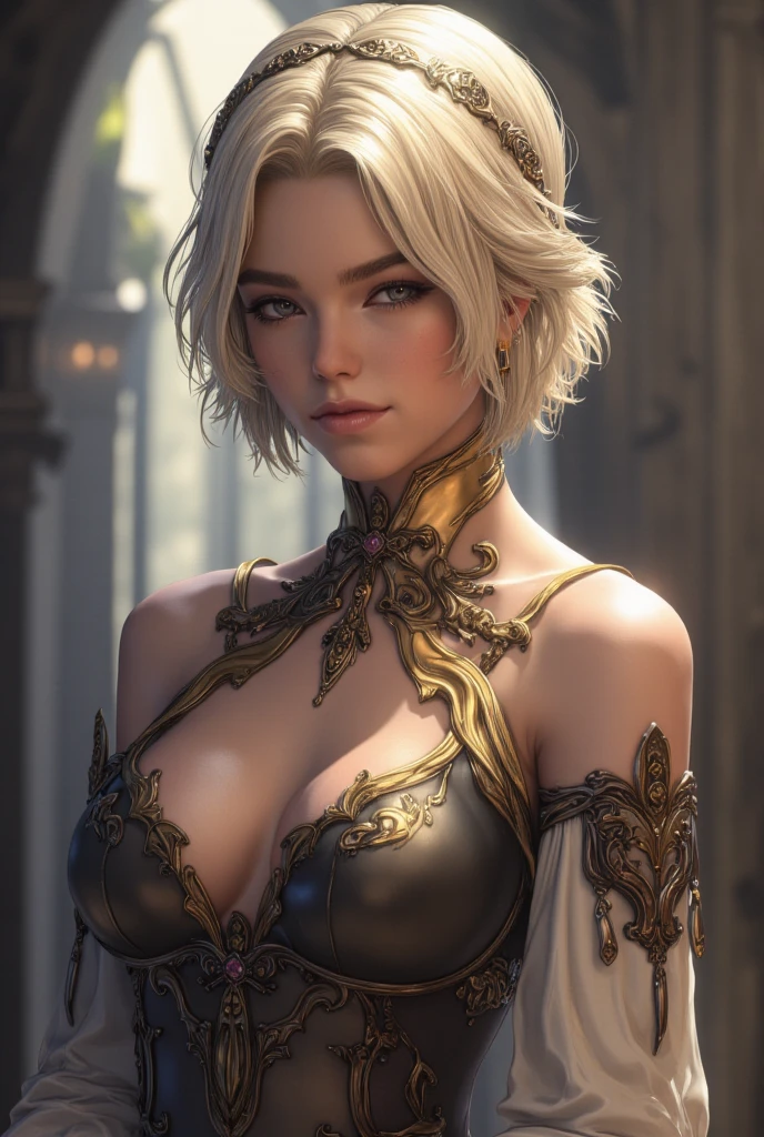 Milly Alcock,blonde short neck length hair,noble white hairband,turtleneck black and gold noble dress,fantasy style