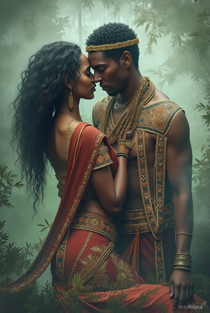 a beautiful couple, stunning black woman with curly hair, handsome latin man with brown skin, indian prince, detailed portrait, beautiful faces, chiseled jawlines, piercing eyes, lush lips, elegant poses, luxurious clothing, intricately patterned fabrics, opulent jewellery, ornate accessories, lush foliage, vibrant flowers, idyllic garden setting, soft lighting, warm color palette, cinematic composition, ultra-detailed, 8k, photorealistic, masterpiece