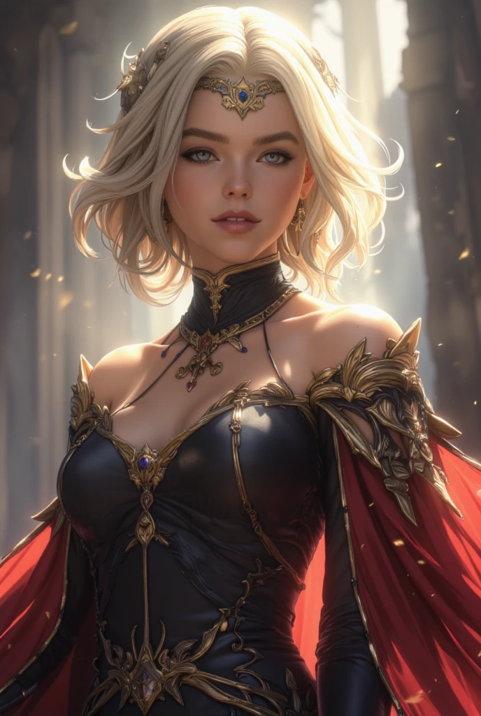 Milly Alcock,blonde short neck length hair,noble white hairband,turtleneck black and gold noble dress,red cape,fantasy style