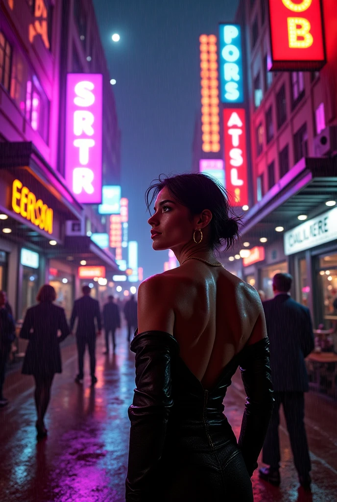 A mesmerizing, hyper-realistic night scene in the City of Perdition—a sprawling metropolis where sin pulses like a heartbeat under neon-soaked skies. The streets are slick with rain, reflecting the glow of lurid signs advertising forbidden pleasures: dimly lit bars with no last call, underground casinos where souls are gambled, and alleyways where whispers promise ecstasy and ruin. The air hums with bass-heavy music, cigarette smoke, and the scent of expensive perfume mixed with decay. Figures move in the shadows—beautiful, dangerous, their eyes gleaming with hunger and hollow victories. A central figure, half-lit by a flickering violet sign, exudes magnetic temptation; their smile is both a promise and a warning, draped in sleek, disheveled elegance. Around them, the city thrives in glorious degradation: shattered champagne flutes next to overflowing ashtrays, stolen kisses in the back of stolen cars, the distant wail of sirens drowned out by laughter. The style is a fusion of neo-noir and cyberpunk decadence, with a palette of deep crimsons, electric blues, and sickly golds—reminiscent of Blade Runner meets the paintings of Caravaggio. Every detail oozes allure and consequence, a portrait of the night where surrender feels like triumph.