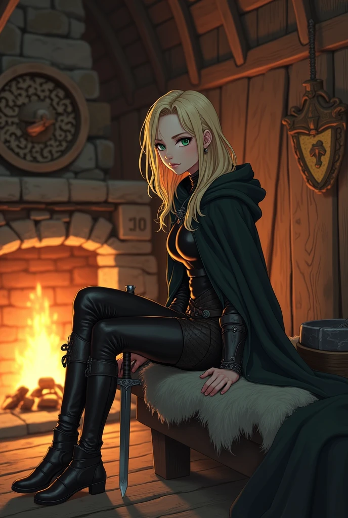Anime-style female Viking warrior seated inside a cozy Viking wooden home. She is 5'7", lean and agile, with a graceful yet intimidating presence. Her pale green, half-lidded eyes show no emotion—only the weight of countless battles. Her messy, shoulder-length blonde hair frames a ghost-pale face with haunting, delicate features. She wears fitted dark leather armor and a dark cloak draped over her shoulders. Twin swords rest at her hips, glowing faintly even while still. She sits calmly on a wooden bench near a crackling hearth, firelight casting soft shadows on the carved wooden walls and fur-covered floor. The room is warm and rustic, filled with Viking runes, shields, and the scent of smoke and aged wood. She appears relaxed but alert, a phantom of war resting in the quiet after battle."