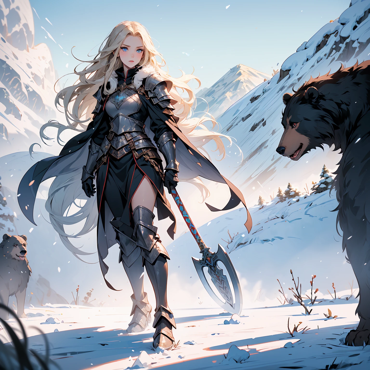 (((masterpiece, best quality, high detailed, 16k))) (1girl) A fierce and stoic Nordic warrior with long, braided blonde hair and icy blue eyes. She wears heavy armor adorned with intricate engravings and symbols of her clan, combined with animal pelts that add warmth and a primal touch. Over her shoulders, she drapes a cloak made from the fur of a majestic bear, giving her a commanding and wild presence. She carries a large, rune-inscribed battle axe and stands tall against a backdrop of snowy mountains. ((full body view))