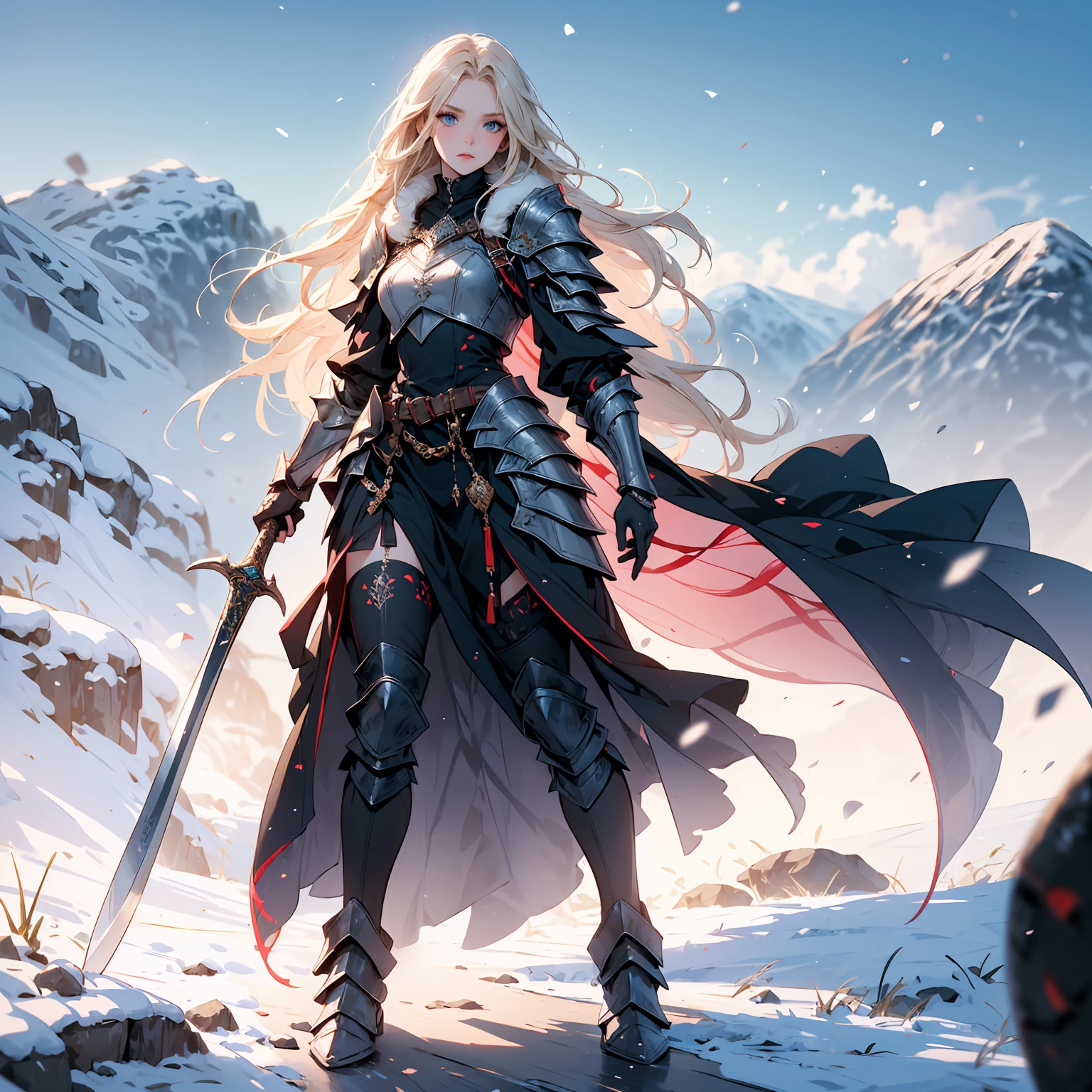 (((masterpiece, best quality, high detailed, 16k))) (1girl) A fierce and stoic Nordic warrior with long, braided blonde hair and icy blue eyes. She wears heavy armor adorned with intricate engravings and symbols of her clan, combined with animal pelts that add warmth and a primal touch. Over her shoulders, she drapes a cloak made from the fur of a majestic bear, giving her a commanding and wild presence. She carries a large, rune-inscribed battle axe and stands tall against a backdrop of snowy mountains. ((full body view))