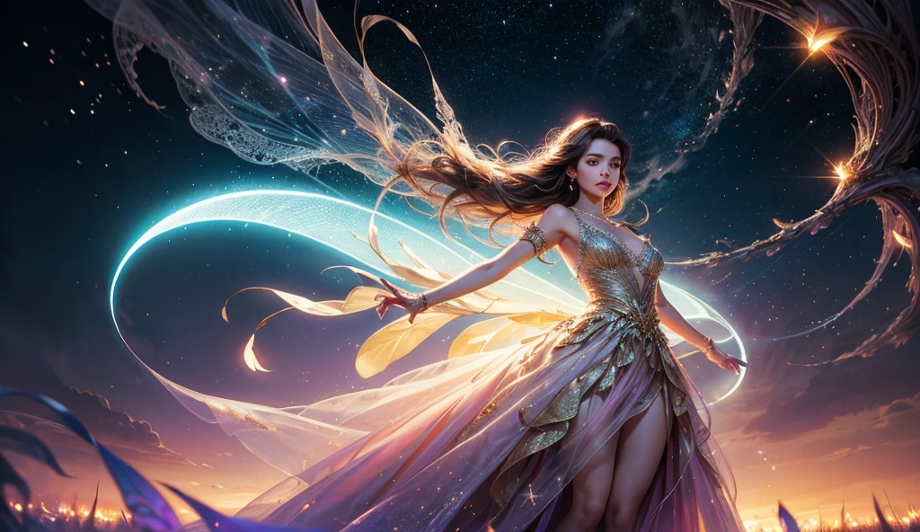 "((amazing)) da pintura ((girl)) In the heavenly garden, Sipping tea as the space train weaves through the constellations, Vivid galaxy background, Surreal atmosphere, ((Fantasy)) element, ((dream-like))