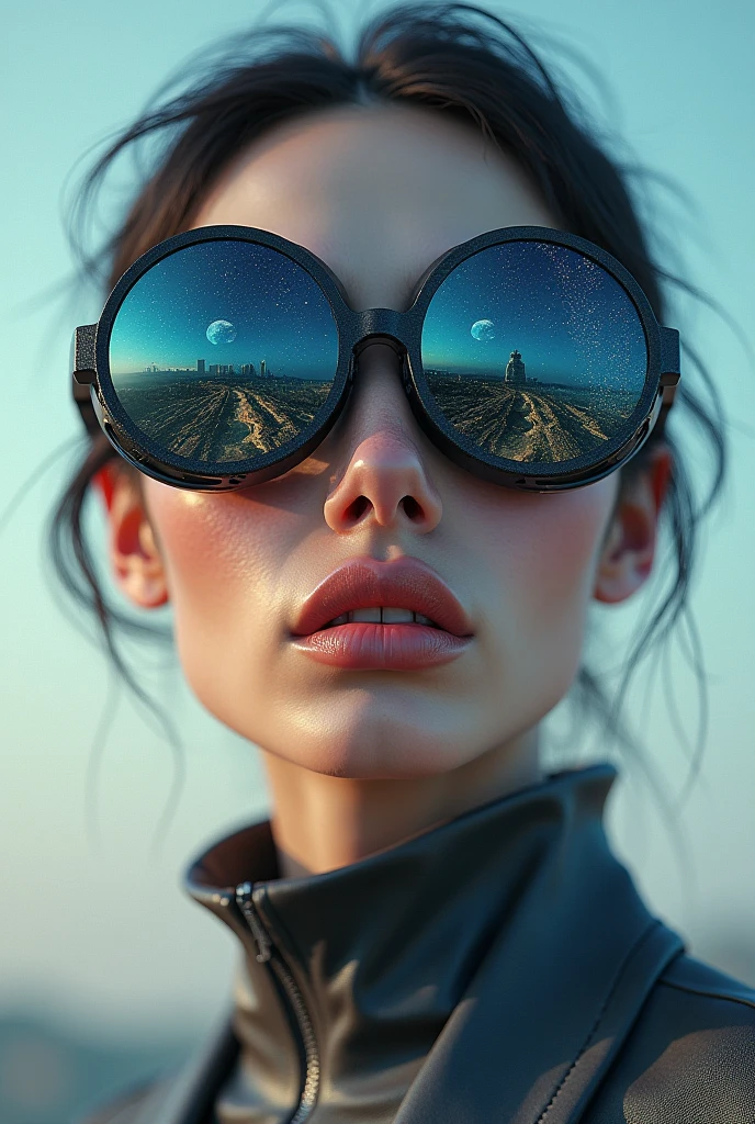 The model is wearing glass sunglasses with stars and the moon on the glass