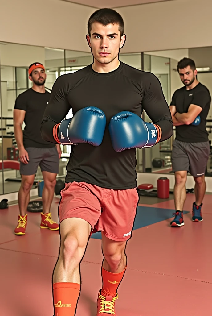 (A fighter training in the gym punching the sandbag), brazilian swarthy, muscular, strong, shirtless, white headscarf, beard, UFC shorts, white MMA gloves, mirror, tatami, weight machines, weights lying around on the floor, gloves, pictures of fighters hanging on the wall --auto