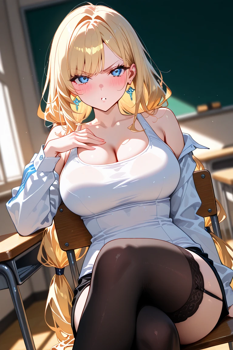 Tabletop, highest quality,figure, wallpaper, Super detailed, Absurd beauty、1 beautiful girl、(Blonde、Medium Hair、Braided hair、Wavy Hair、Ample breasts、Very large breasts)、Casual clothing、Summer clothes ,Black tank top、Shorts、Shyness、blush、Trying to take off clothes、living room