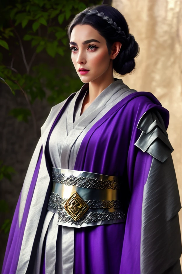 gypsy mistic woman, 40 year old woman, gorgeous, SFW, black hair, 
crown braid,  half elf, half-elf ears, Rounded half elf ears, confident, bangles, imposing, ((wearing purple robes with silver protective runes with gold lining)), looking at viewer, simple background, high quality, masterpiece