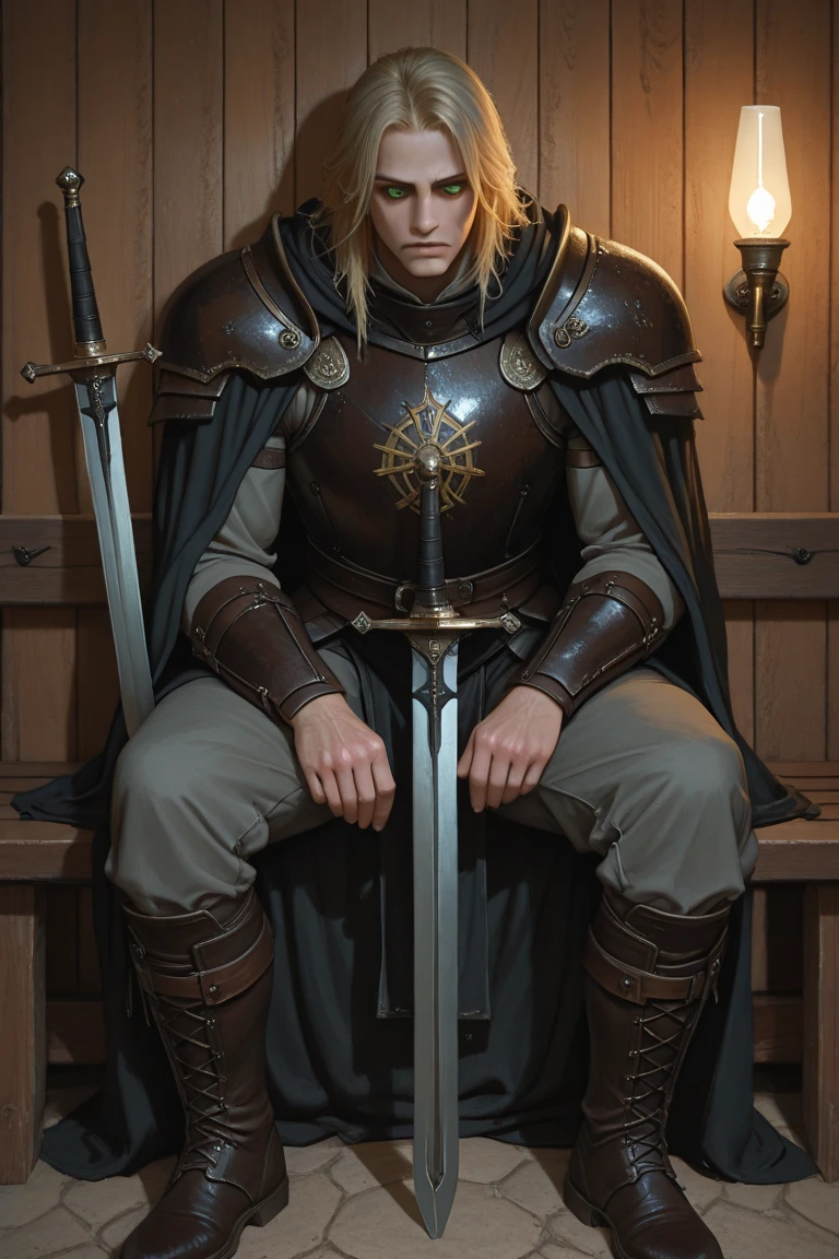 Anime/semi-realistic style male Viking warrior seated alone in a dimly lit, rustic Viking wooden home. He is 6 feet tall, with a lean, muscular, and agile build. His face is hauntingly handsome with pale skin, half-lidded green eyes that are emotionless and distant, reflecting years of war and suffering. He has messy blonde hair, a clean-shaven jawline, and slender, model-like features. He wears fitted dark leather armor and a heavy cloak draped over his shoulders, paired with sturdy leather boots. Two swords rest at each hip, subtly glowing with a ghostly light, hinting at their blinding speed in battle. He sits silently on a wooden bench near a low-burning hearth, shadows dancing across carved wooden walls and hanging Viking weapons. The room feels heavy with silence, the atmosphere dark, brooding, and intimate—a lone wolf resting in the eye of a storm."

Let me know if you want to place him outside in a storm or standing instead for a more dynamic pose.















