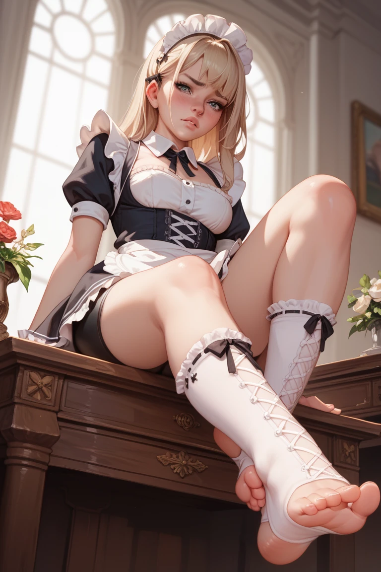 White color hair，beautiful  Girl，Sit on grass，Slim figure，wearing silk stockings，Charming smile，Full body photo，The landscape background occupies half of the picture、Small proportions of the characters