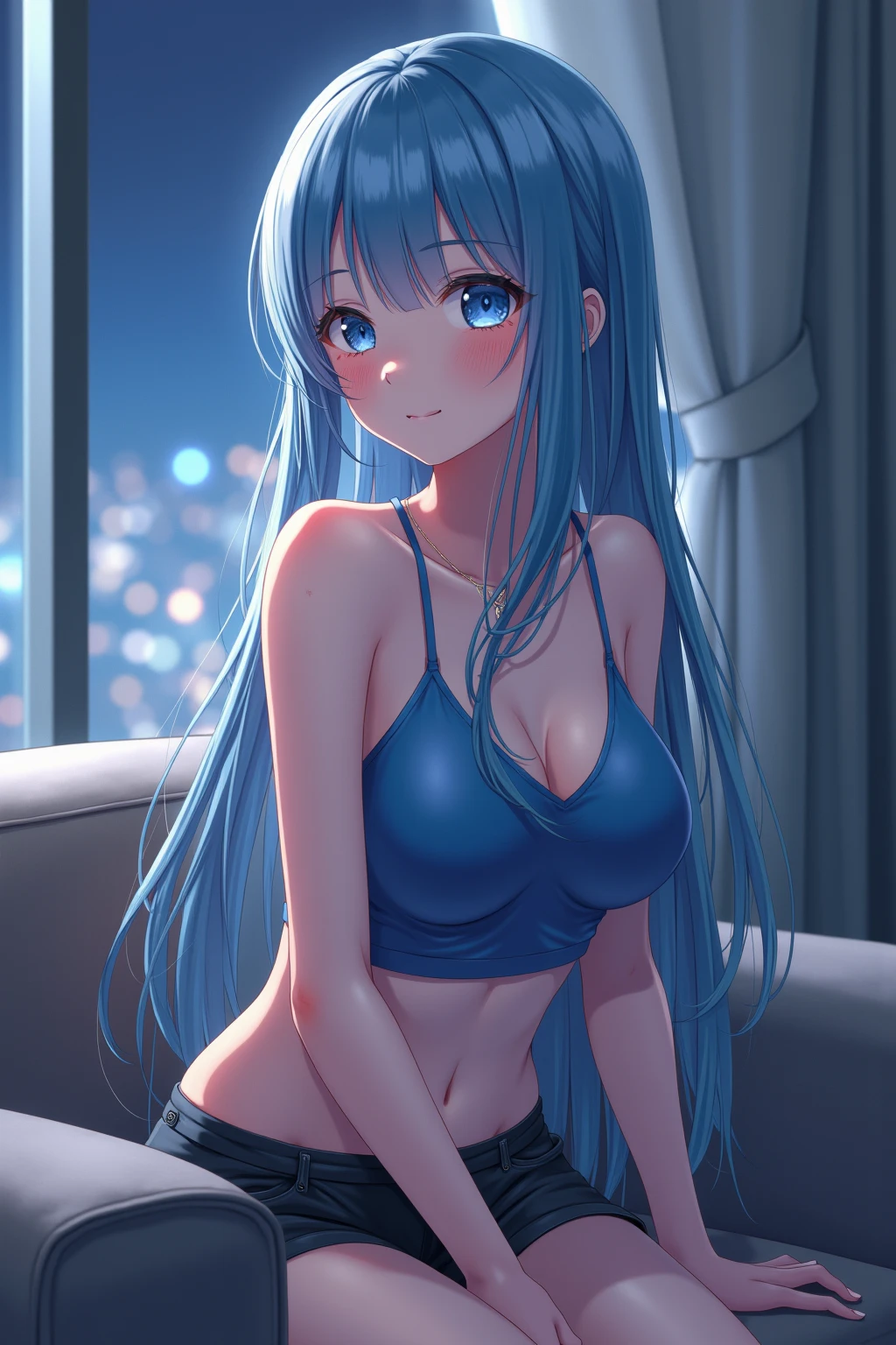 super high quality, (8k, RAW photo, realistic), cute woman, amorous expression, lewd expression, shining blue big eyes, (flat chest:1.5), slender, red big thick lips, wearing (cute casual and loose fluffy girly knit clothes), sexy lace lingerie, skirt lift, background night observatory, (magnificent view:1.5), iridescent, professional flare lighting