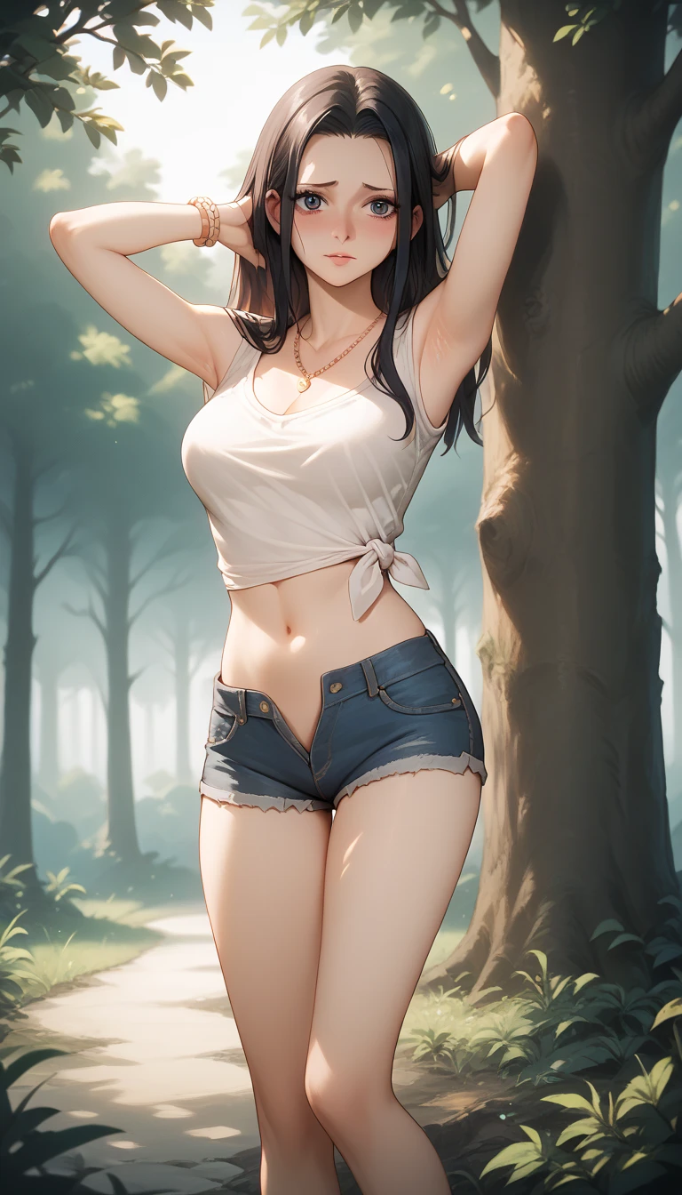 kyoka jiro, 1girl, solo, large breasts, cleavage, blush, short hair, bangs, simple forest background, strapless mini croptop, black tight pants, ((open-toe platform high heels)), open mouth, purple eyes, collarbone, full body, purple hair, short sleeves, blunt bangs, looking away, long earlobes, tiny waist, thick hips, angry expression