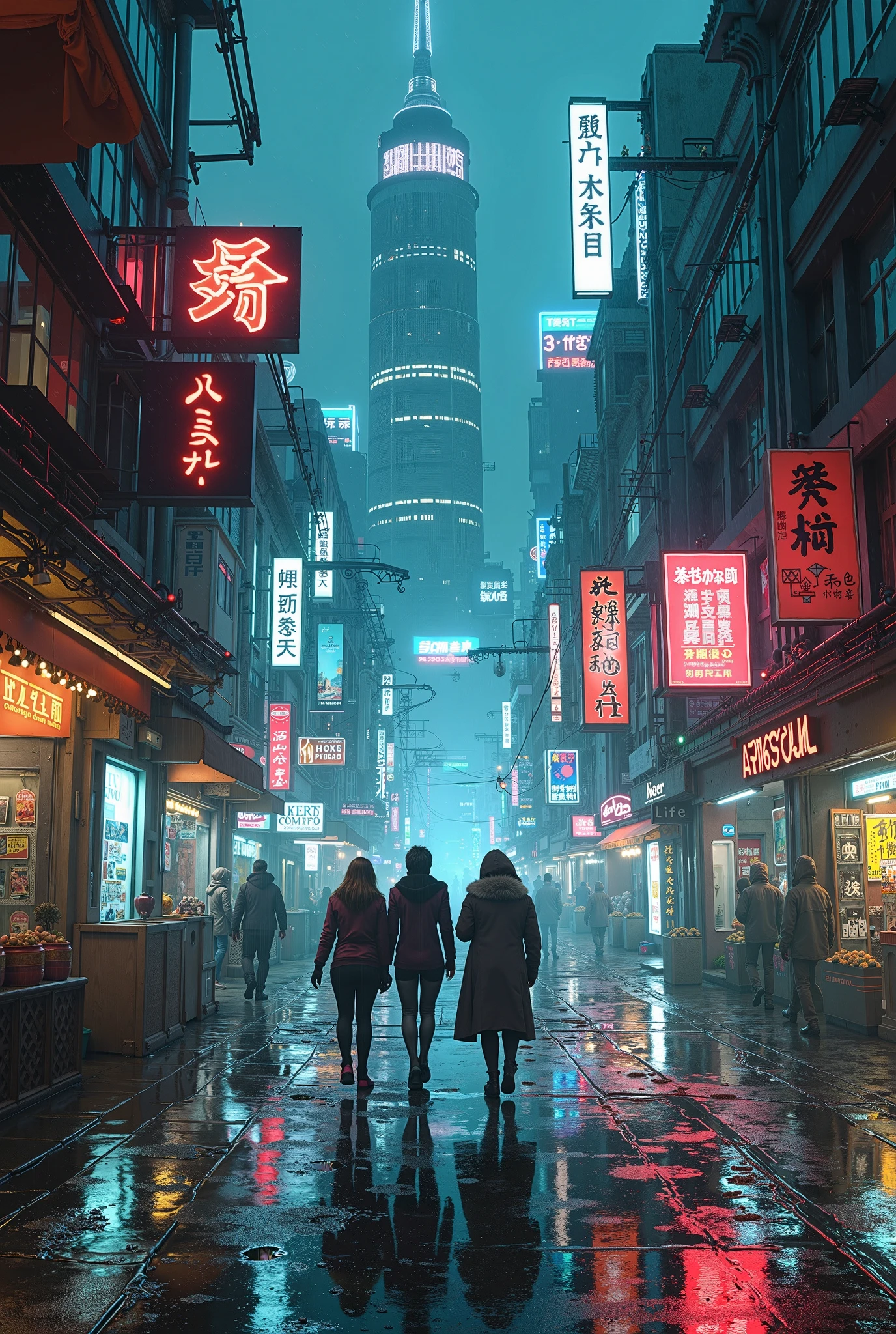 A rainy night sets the tone for a cyberpunk street scene, with a shiny wet pavement reflecting the vibrant neon lights of the stores. The urban landscape is filled with signs in multiple languages, offering an eclectic and futuristic atmosphere. Three figures in silhouette walk across the center of the street, adding a sense of mystery and exploration amidst the imposing futuristic buildings that rise Background. Soft shadows and the cool color palette contribute to the dynamic atmosphere and immersion of the scene.