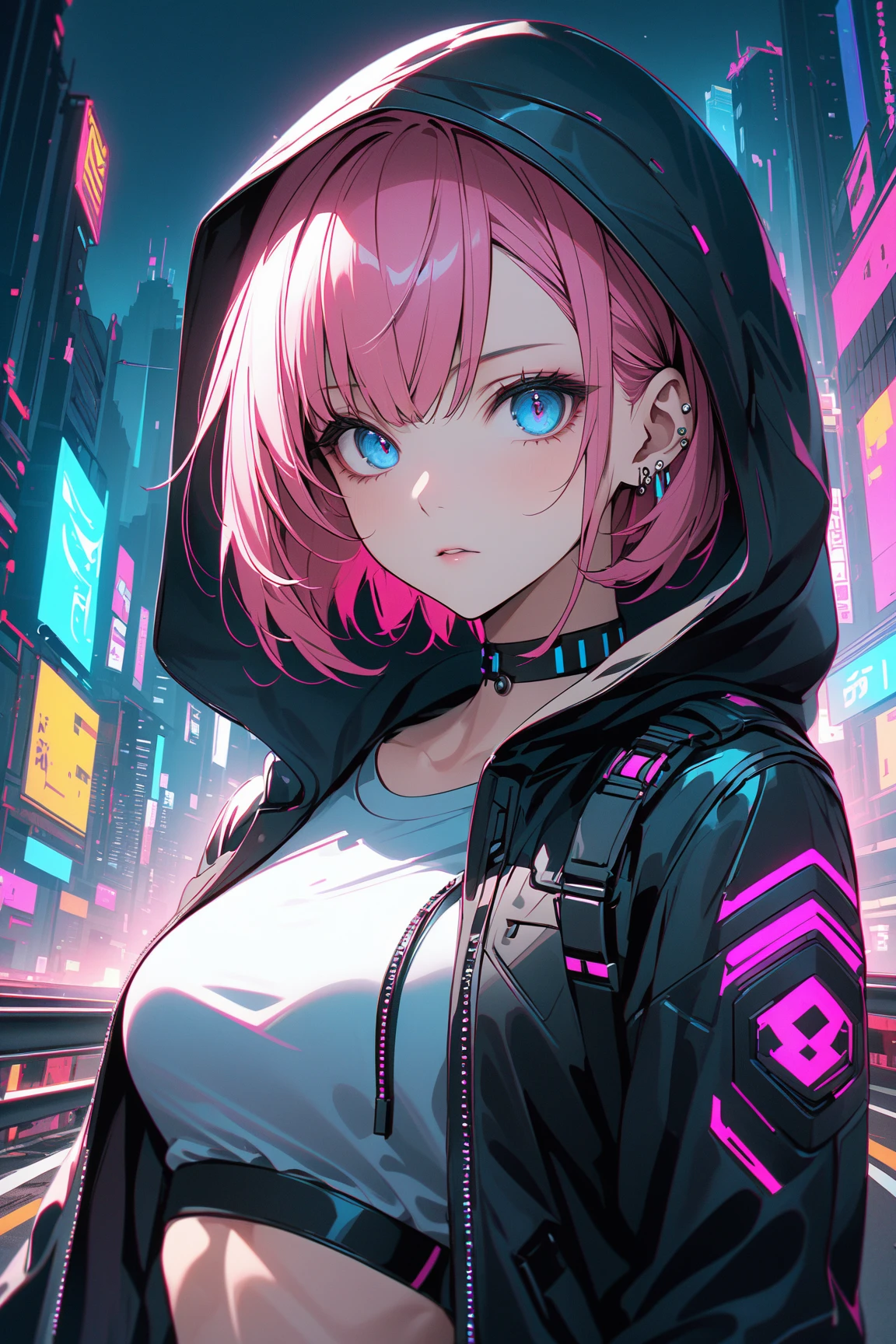 (masterpiece, Extremely Precise,super detailed description,exquisite,beautiful,8K,16K,high resolution,超high resolution),anime style illustration、Cyberpunk World、Japanese girl、tall、pink hair that turns long、short hair on mouth and chin、 blue eyes、Narrow, sharp eyes、narrows her eyes、beautiful目、see here、expressionless、beautiful breasts、tight leather hooded hoodie、((Tight hood up)),Open all hoodies、hoodie pocket to stretch your legs、Tight Tube Tops、Leather shorts、piercing、CHOKER、portrait shooting、Late Night、Chaotic City Background、((highway))、 Skyscrapers 、Neon lights、colorful、Stylish、stylish