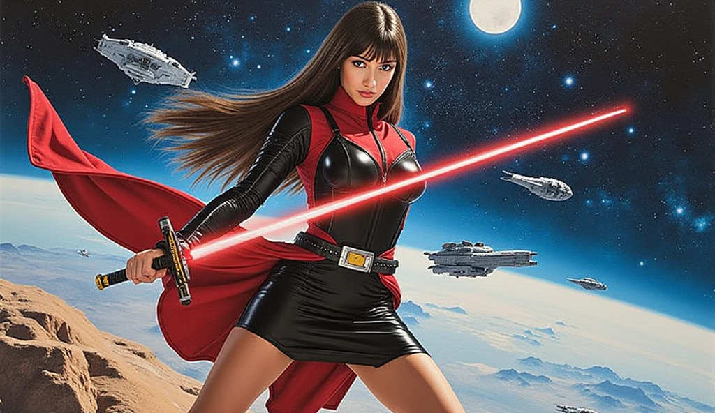 22 years old Italian lady, ((full body)), ((nude)), heavily armored in white color with a long deep red cape, beautiful chest, standing on a asteroid in the deep space, with her legs spread apart, zoom in from front below