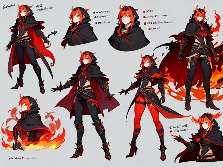 Character Design Sheet - Fire-powered Girl: Themed around Lava in a Modern Fantasy World Full Body Front View: A girl in her late teens or early twenties with a confident and determined expression. Fiery red hair flowing down to her waist, resembling molten lava with flickering orange and yellow highlights. Ruby-red eyes with a hint of intensity and a fiery glow. Wearing a modern yet fantasy-inspired outfit made of durable materials, reflecting the colors of lava - shades of red, orange, and black.The outfit should have practical elements to aid her fiery abilities, such as reinforced gloves and boots resistant to extreme heat.Her attire may incorporate asymmetrical designs, inspired by the flowing and unpredictable nature of lava. Full Body Back View:Show the back of the girl, highlighting any unique details or accessories, such as a cape or a symbol representing her fire powers.Reveal any additional design elements that were not visible in the front view. Close-Up Facial View: Provide a detailed close-up of the girl’s face to capture her unique features and expressions.Elaborate on her fiery attributes, such as subtle flickers of flames dancing across her skin or a glowing warmth emanating from her eyes and mouth. Side Profile View: Showcase the girl silhouette, emphasizing her fiery hair flowing behind her and any additional design elements on the side of her outfit.Pay attention to the proportions and ensure they remain consistent with the front view. Action Pose: Display the girl in a dynamic pose, demonstrating her fire powers.Depict her summoning flames, creating fireballs, or manipulating lava, showcasing her control over these elements. Make sure her stance and body language convey strength, confidence, and a sense of mastery over her abilities. Accessories and Props:Include a section highlighting any unique accessories or tools that complement her fire powers.Examples could include a staff infused with fiery energy or gauntlets