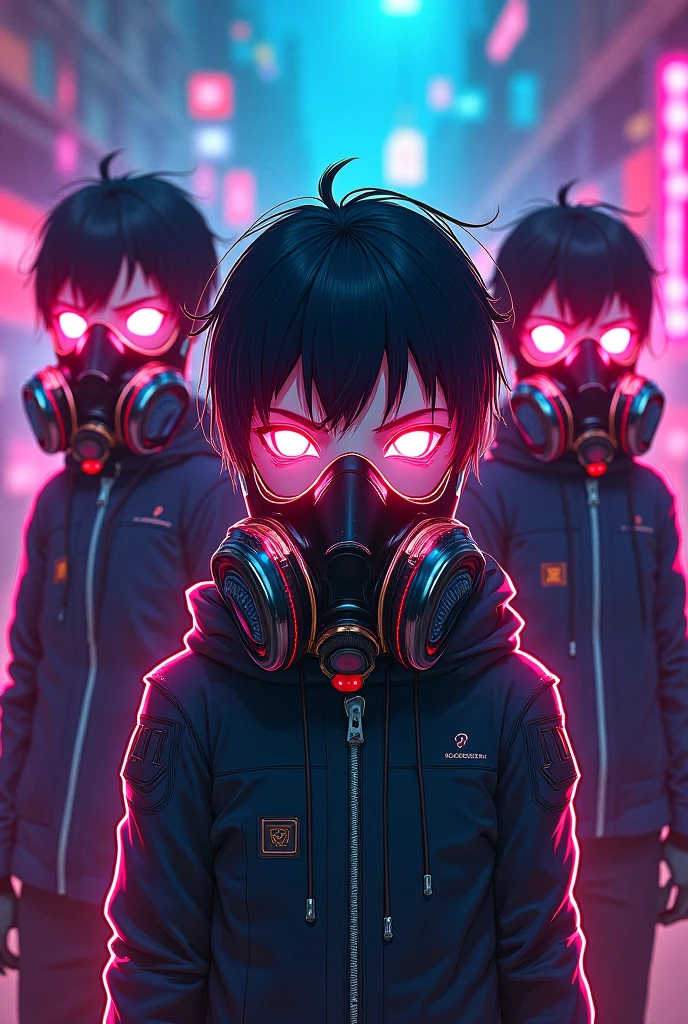 A group of anime guys on neon themed gasmasks