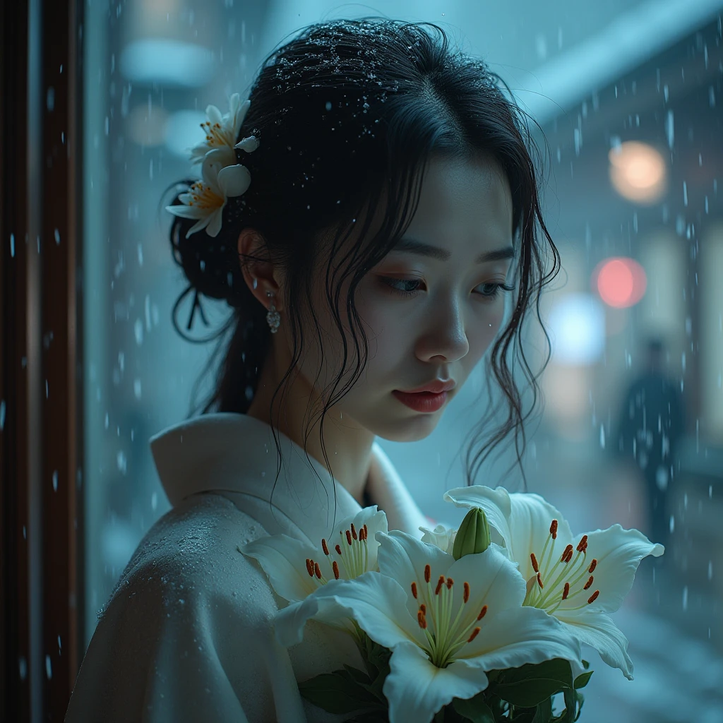 (RAW photo, photorealistic:1.5, 8K, Top quality, masterpiece, ultra high resolution), (((heavy snowfall))), perfect dynamic composition:1.2, (In front of a night sanctuary in a modern city, expression of sadness:0.9, tears flow:0.9, Crying with a broken heart:0.9), Highly detailed facial and skin textures:1.2, Slim office woman wet in the rain:1.3, cowboy shot, piel clara:1.2, beauty:1.1, Perfect style:1.2, beautiful and aesthetic:1.1, very beautiful face:1.2, drops of water on the skin, (raindrops spill all over my body:1.2, cuerpo mojado:1.2, wet hair:1.3), (Holding a bouquet of wet lilies:1.3, How to properly wear a wet silver kimono:1.5), , (Eyes that feel beautiful eros:0.8), 0.9, fascinating:0.9), collar, earrings, bracelet