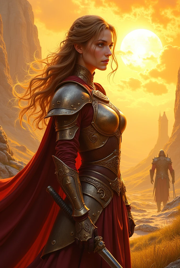 Female human, cleric of the sun, light brown neck length hair, hazel eyes, medium leather armor