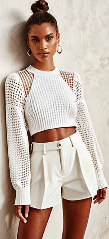 a close-up of a woman dressed in a crocheted sweater in white jersey and jeans scratched with lines an image inspired by Esaias Boursse, instagram, hurufiyya, white sweater, wearing a white sweater, wearing sweater, croptop, wearing crop top, sleeve wide cropped, casual clothing, detailed clothing, the smallest abdomen ever seen, crop top, casual clothing large breasts, glues: 1.4, semi reddish hair with a bun, light violet eyes, makeup, full body.