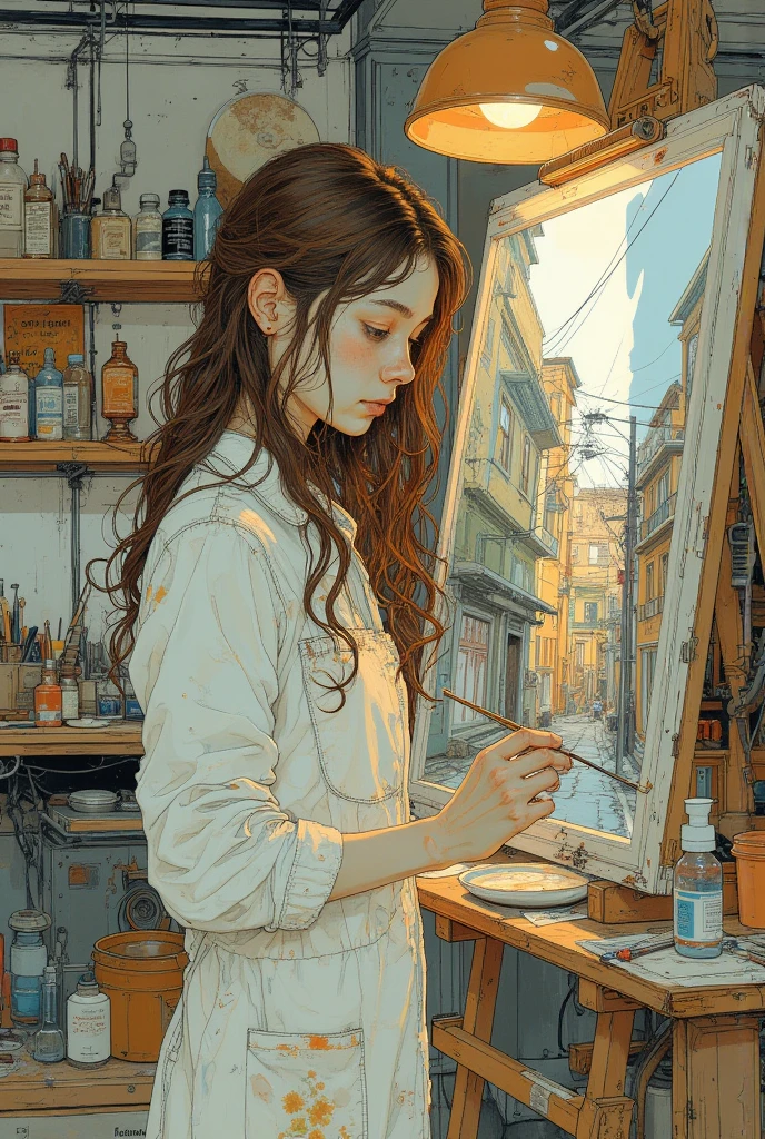 a work of art college, detailed portrait of a young female art student in a modern art studio, standing in front of an easel with a canvas, focused expression, paintbrush in hand, wearing a white smock, long brown hair, surrounded by various art supplies and tools, 4k, ultra-detailed, photorealistic, natural lighting, warm color tones, impressionist art style