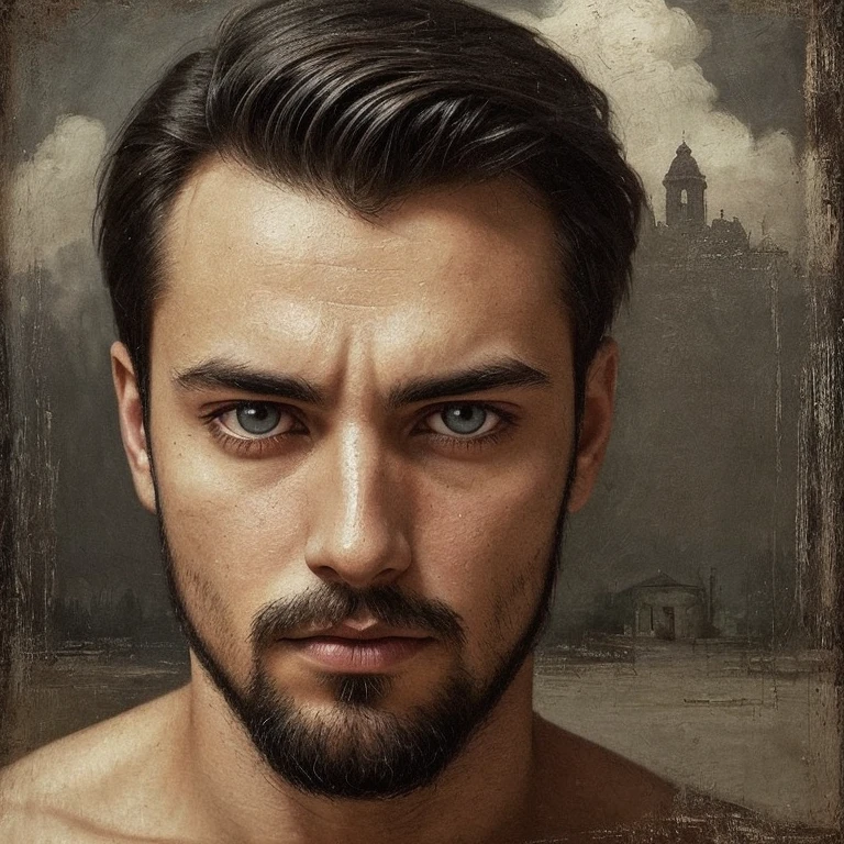 A smooth-haired young man, thin and dark falls softly on his forehead, framing a serene and almost static face, like a silent painting.  Your eyes are deep , as if hiding unspoken stories, marked by dark circles that contrast with the pallor of the skin — signs of nights Of course or thoughts too heavy for sleep. He faces the emptiness in front of him, where a sad scene extends: perhaps forgotten ruins, a cloudy landscape or a decaying city. His eyes seek nothing 
