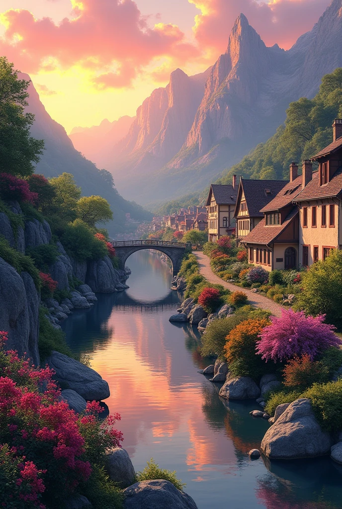A small town by the river, mountains in the background, colorful floral flowers, detailed landscape, beautiful natural landscapes, atmospheric lighting, scorching sunset, warm colors, practical, photographic, detailed foliage, complex buildings, cobblestone street, charming country house, vibrant colors, lush vegetation, reflections in the water,  picturesque, idyllic, artwork, best quality, 8K, extremely detailed, anime style