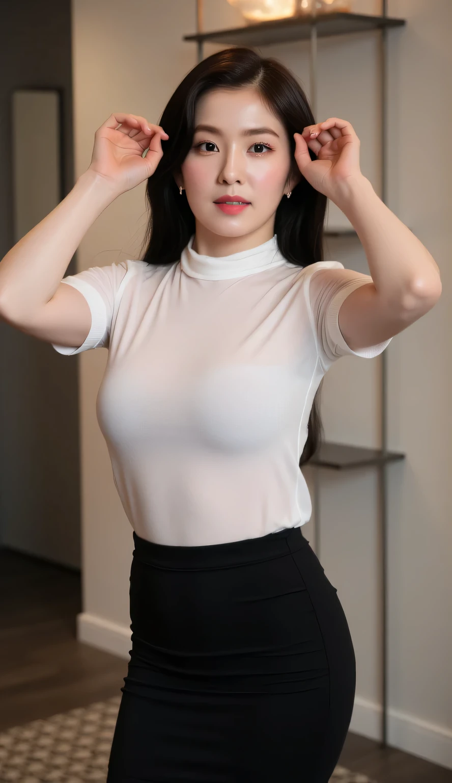 a woman, standing upright in the living room, body facing front, Eyes looking at the camera, Hands raised above the head, wears transparent white short sleeve muslim t-shirt, long skirt black leggings, big  size G-cup, hair model bob black, face seductive expression,   slim waist