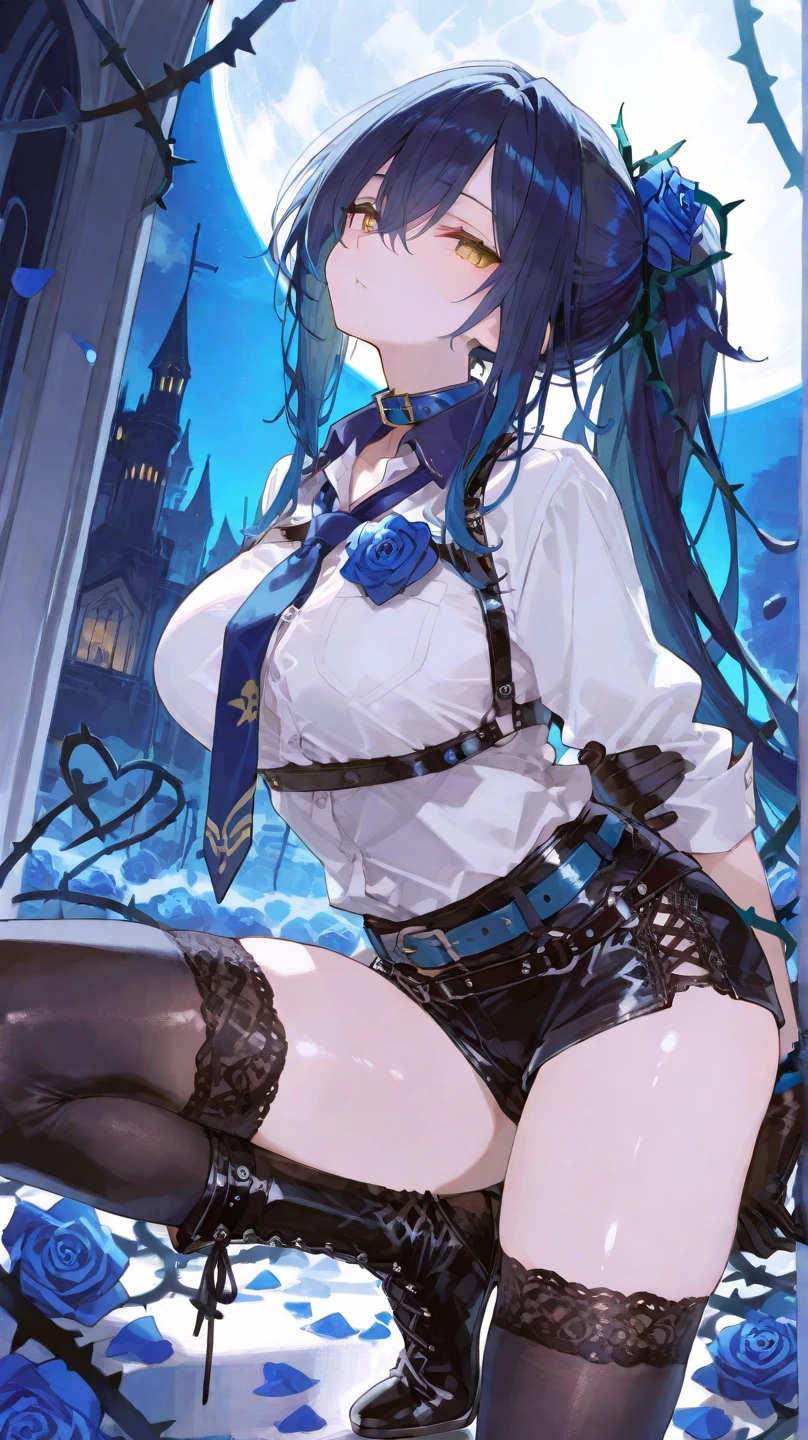 noodlenood style, 1girl, halo, breasts, solo, pointy_ears, pantyhose, high_heels, long_hair, necktie, sitting, black_hair, blue_eyes, blue_necktie, large_breasts, white_gloves, earrings, glasses, gloves, jewelry, eyewear_removed, looking_at_viewer, black_pantyhose, bangs, parted_lips, crossed_legs, jacket, sideboob, sleeveless, smile, very_long_hair, window, dress, hand_on_own_knee, cityscape, white_footwear, blue_hair, indoors, half_gloves, swept_bangs, white_dress, jacket_on_shoulders, blush, bare_shoulders, white_jacket