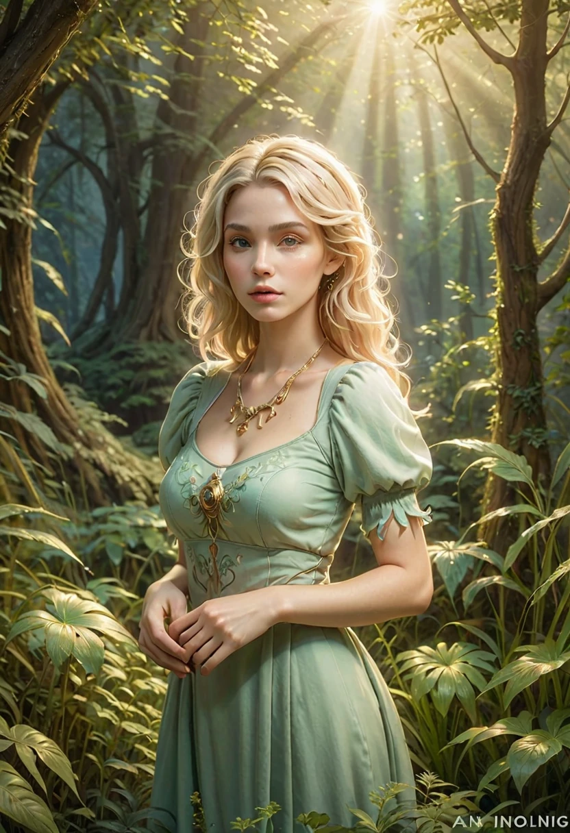 Create an enchanting and whimsical image of an ELEGANT elf girl with wavy blonde hair, exploring the magical kingdom of Neverland. Imagine her in a vibrant meadow surrounded by fantastic creatures, lost in this timeless y(( dream world)). Capture the essence of innocence, , and the endless obstacles that unfold in the enveloping landscapes of Neverland. | impressive detail, creative, necklace trio, amazing composition, elegant,  sad, fascinating, Very detailed,  intricate, dynamic, beautiful, Positive light, beautiful, attractive, NEW, IMPROVED,EpicEarth,oil painting,6000, Ruins,More details XL,realistic
