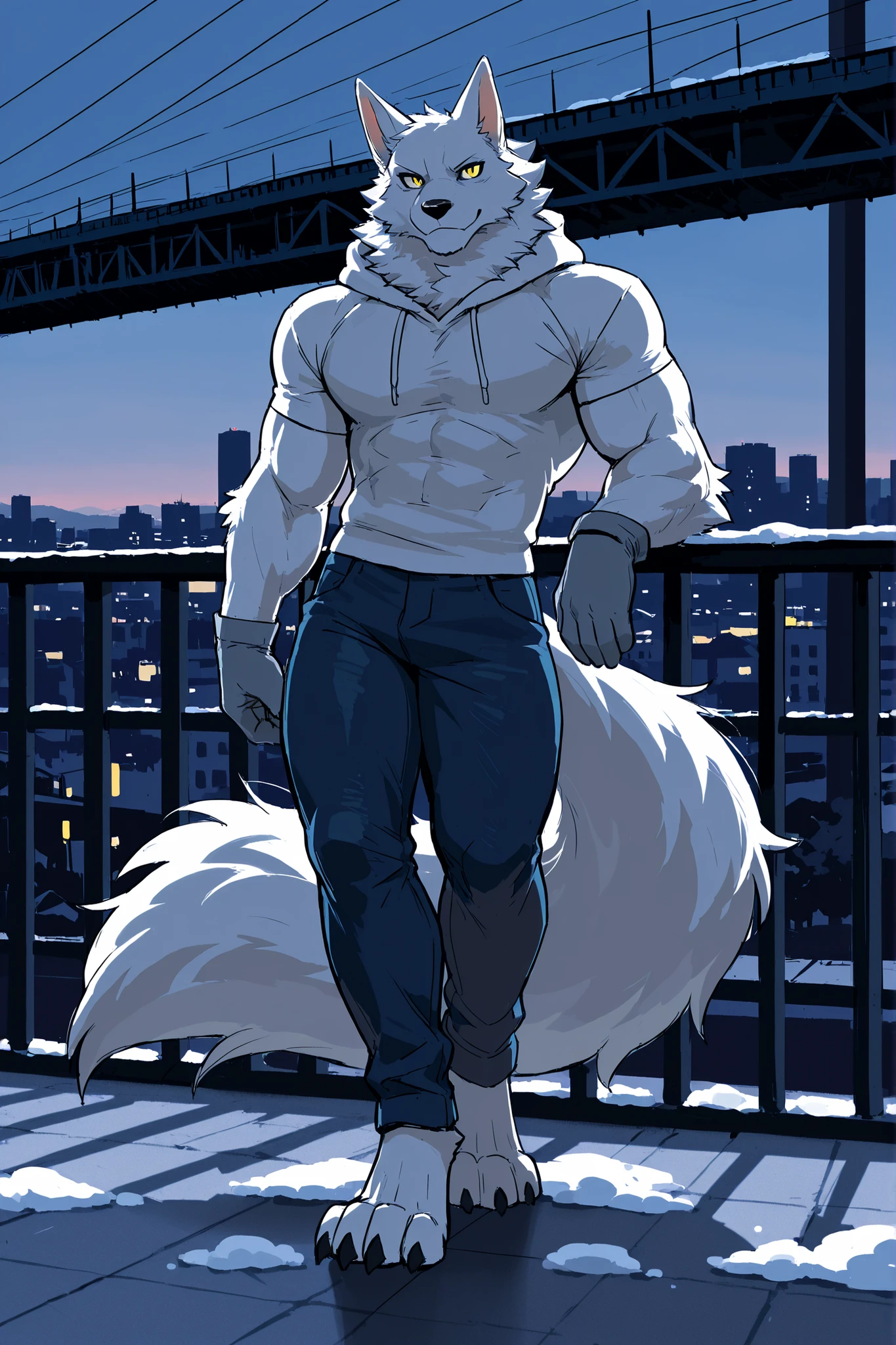 By bebebebebe, by lostgoose, by goonie-san, solo, ((snout, ears)), canine, ( Arctic Fox ), male, smirking, (muscle, muscular), only Black Underwear, Showing fur Body, his a Macro Furry, Behind him a City