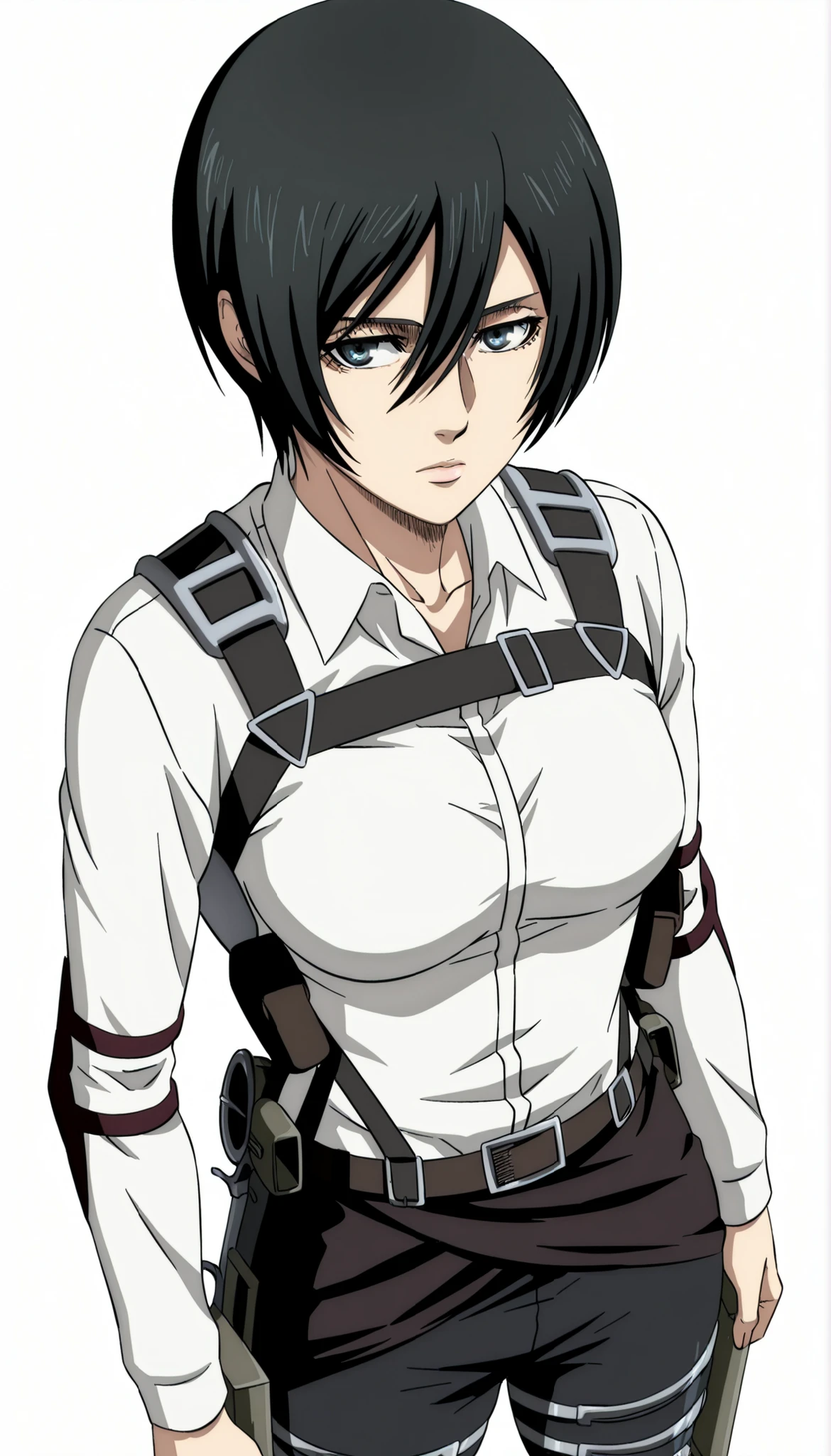 anime coloring, anime screencap, mikasa ackerman, 1girl, looking at viewer, closed mouth, short hair, black hair, paradis military uniform, white shirt, collared shirt, long sleeves, belt, chest harness, medium breasts, thigh strap, black pants, standing, from above, dynamic angle, white background, simple background, masterpiece, best quality, highres, very aesthetic, very awa, newest, amazing details, intricate details, ultra detailed