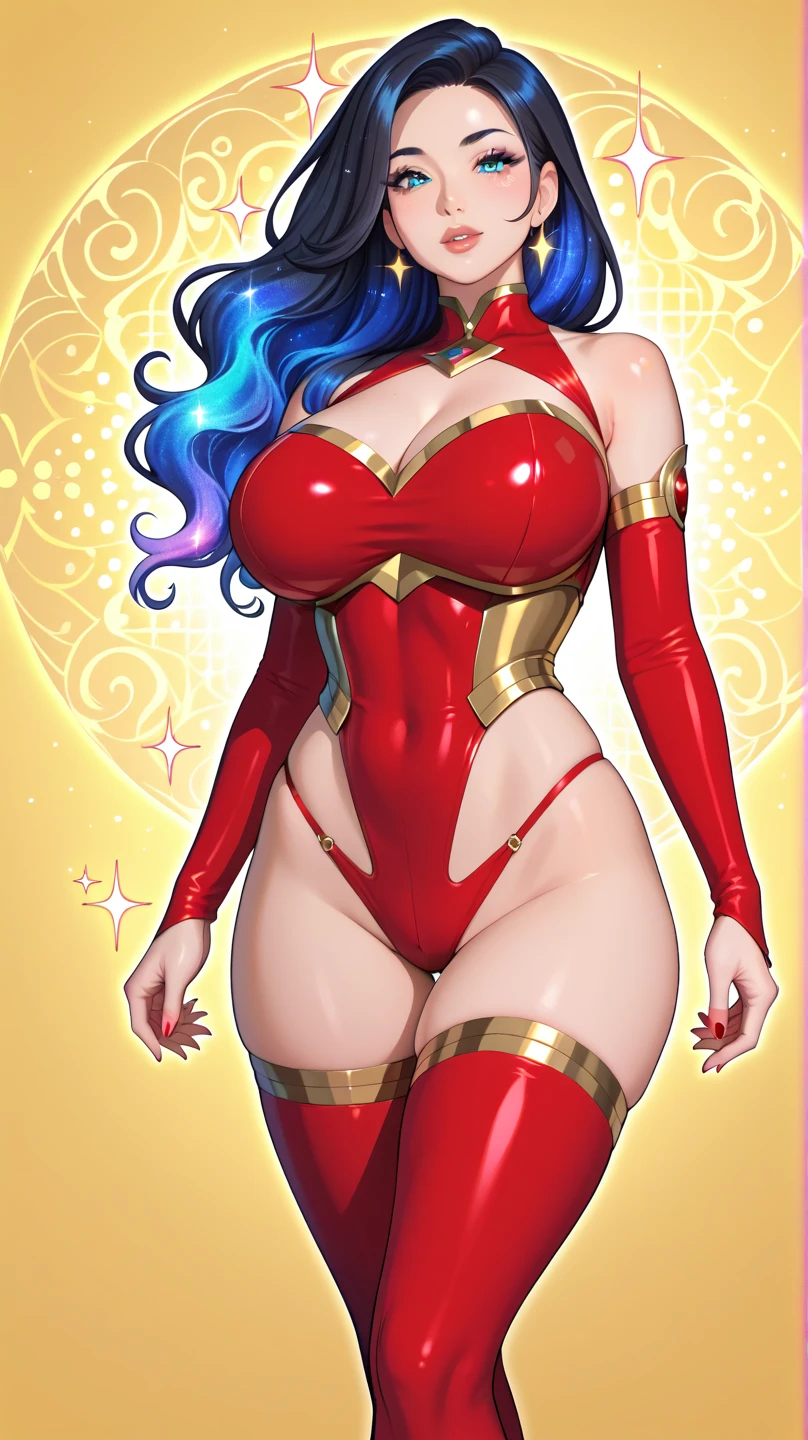a beautiful female superhero. red hair green eyes wears a red and blue dress which shows her legs in the front but is longer in the back with a small A symbol above her waist. wears golden high heel boots. wears blue gloves that go to her elbows portrait photography by artgerm, in the style of realism, glistening skin, cartooncore, mangacore, natural lighting, Defined full lips. Muscular fitness feminine body (Dakimakura) (on bed)