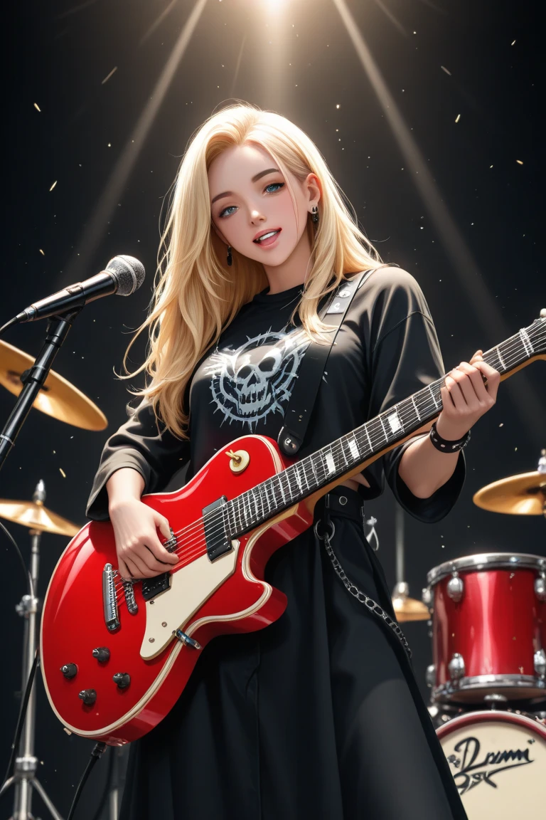 Russian style, kids girl, portrait, long blonde hair with red leather jacket and black outfit, background with amps and guitars, and fire. --auto --s2