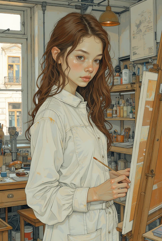 a work of art college, detailed portrait of a young female art student in a modern art studio, standing in front of an easel with a canvas, focused expression, paintbrush in hand, wearing a white smock, long brown hair, surrounded by various art supplies and tools, 4k, ultra-detailed, photorealistic, natural lighting, warm color tones, impressionist art style. ((????)). ((Big sagging ??????)).