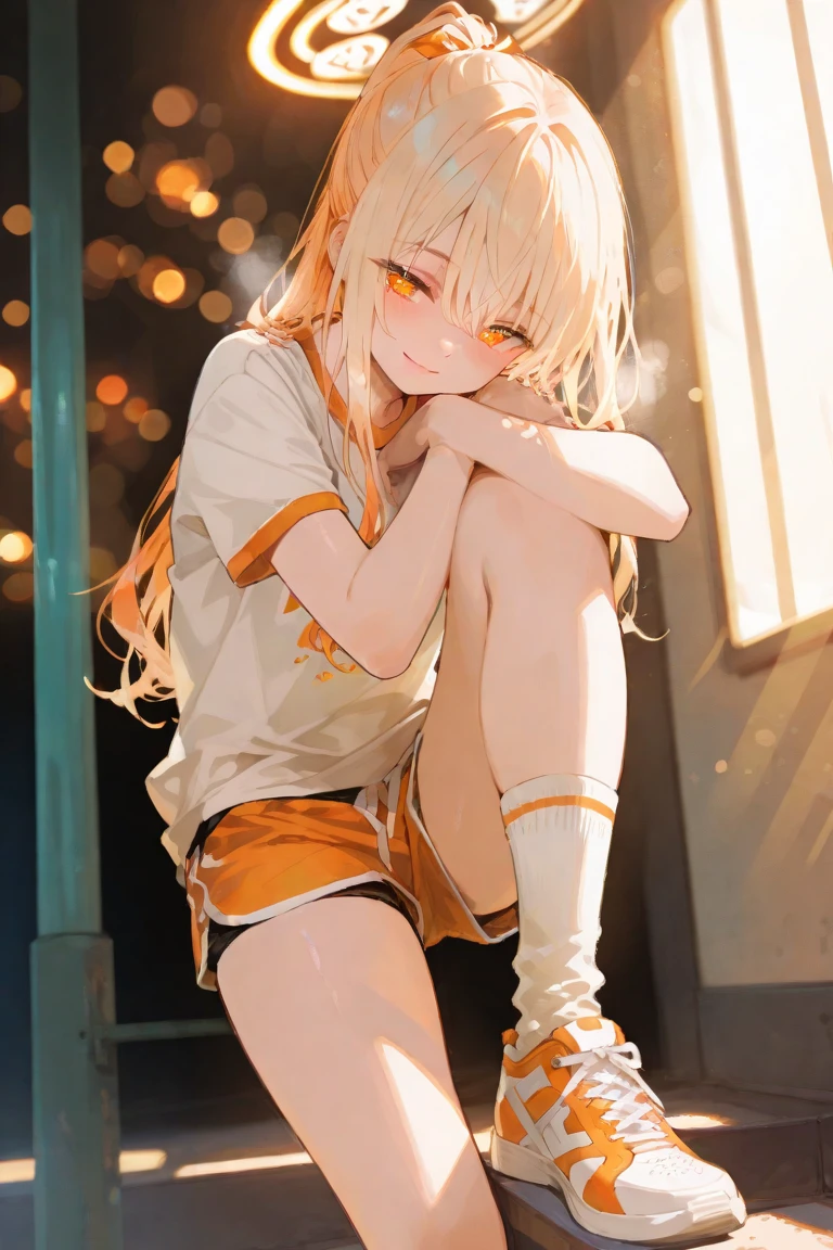 (masterpiece, sidelighting, finely detailed beautiful eyes: 1.2), ((best quality)), ((masterpiece)), (highly detailed:1.3), 1girl, solo, anime, young girl, sitting, hugging own knees, humble smile, short golden blonde hair, golden eyes, sportwear,