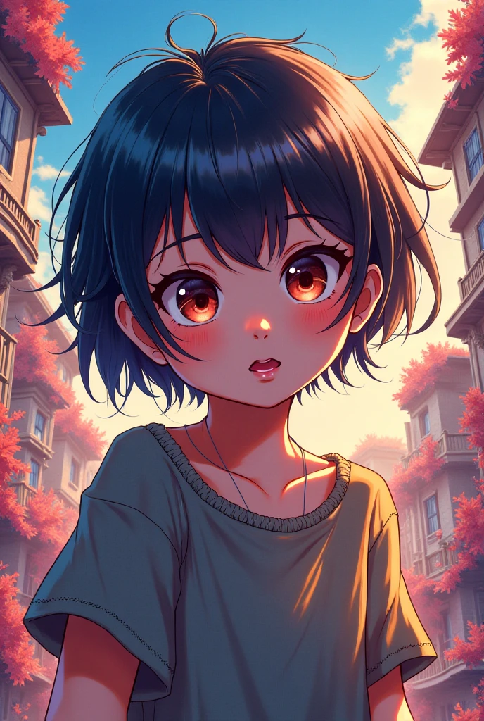 Generate a picture of anime hispanic girl with short hair red shirt and chain pants



