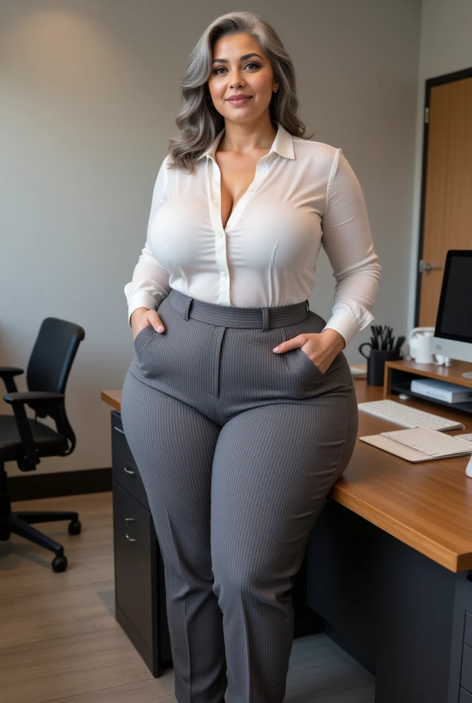 (upper body:1.2 1girl, masterpiece, best quality, ultra-detailed, illustration, finely detailed eyes and detailed face) Clothes: business suit pants, tight white blouse, wedding ring, Appearance: short black hair in a neat low bun, natural makeup, (purple eyes:1.05), white glasses, wide hips, massive breasts, alluring, motherly, at_the_CEO_office, looking at viewer, curvy, voluptuous, full body, CEO lady, (mature female, milf:1.1), solo, (curvy:1.1), big ass, thick thighs, milf, modern office background, sitting down, legs crossed