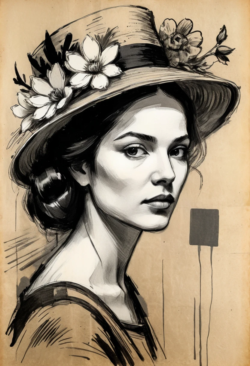  Charcoal sketch on old paper,   clean art lines   ,+expression lines, painted in an expressive sketch style , A brunette wearing a hat WITH FLOWERS brims large with many shocking appearances , black and white drawing, handmade, sketchpad , linear style ::  Sketch drafts Sketch style  , linear style ::sketch annotation style ,   an image of a woman, vintage costume , 16th century