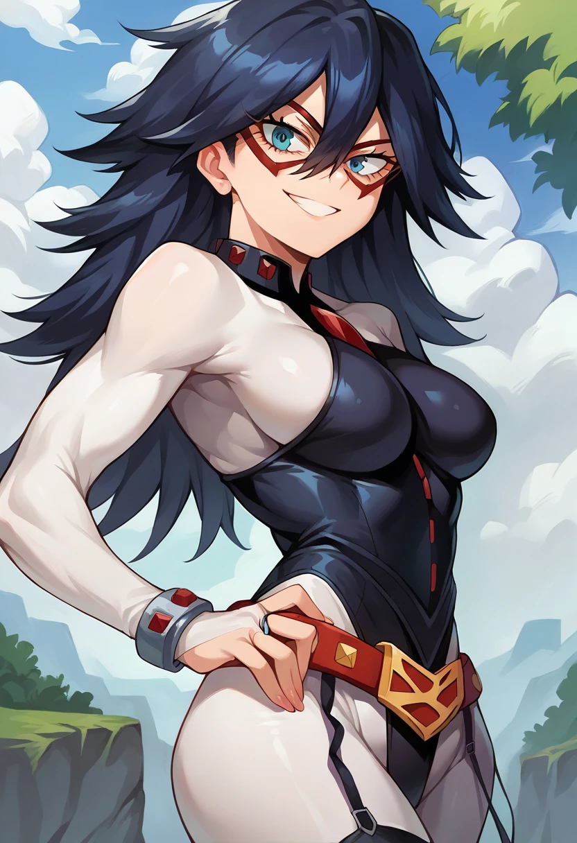 score_9,score_8_up,score_7_up,score_6_up, <lora:xl_more_art-full_v1:0.5>, source_anime, woman, dynamic pose, sitting, <lora:Nemuri Kayama (Midnight) - Pony:0.8>, long hair, black hair, blue eyes, red mask, domino mask, mole under eye, white , black , multicolored , skintight, red gemstones, handcuffs, red belt, garter straps, black thighhighs, forest, tall grass, light rays,