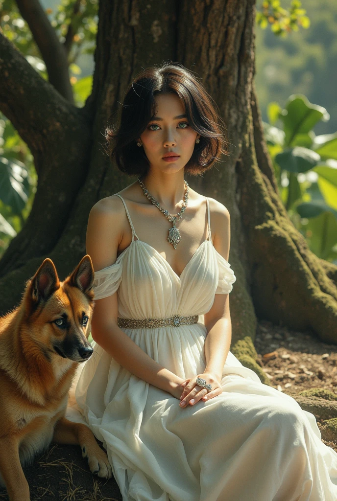 score_9, score_8_up, score_7_up, highly detailed, high contrast, film grain, Rim Lighting, absurdres, amazing quality,1girl, solo, short hair, blue eyes, black hair, dress, jewelry, sitting, necklace, white dress, tree, ring, curly hair, dog, realistic, faux traditional media, fine art parody,(realistic:1.5), highly enhanced, imposing, dynamic cinematic color, creative, fine artistic composition, grand illumination, intricate, contemporary fine detail, dynamic dramatic composition, striking, epic composition, original